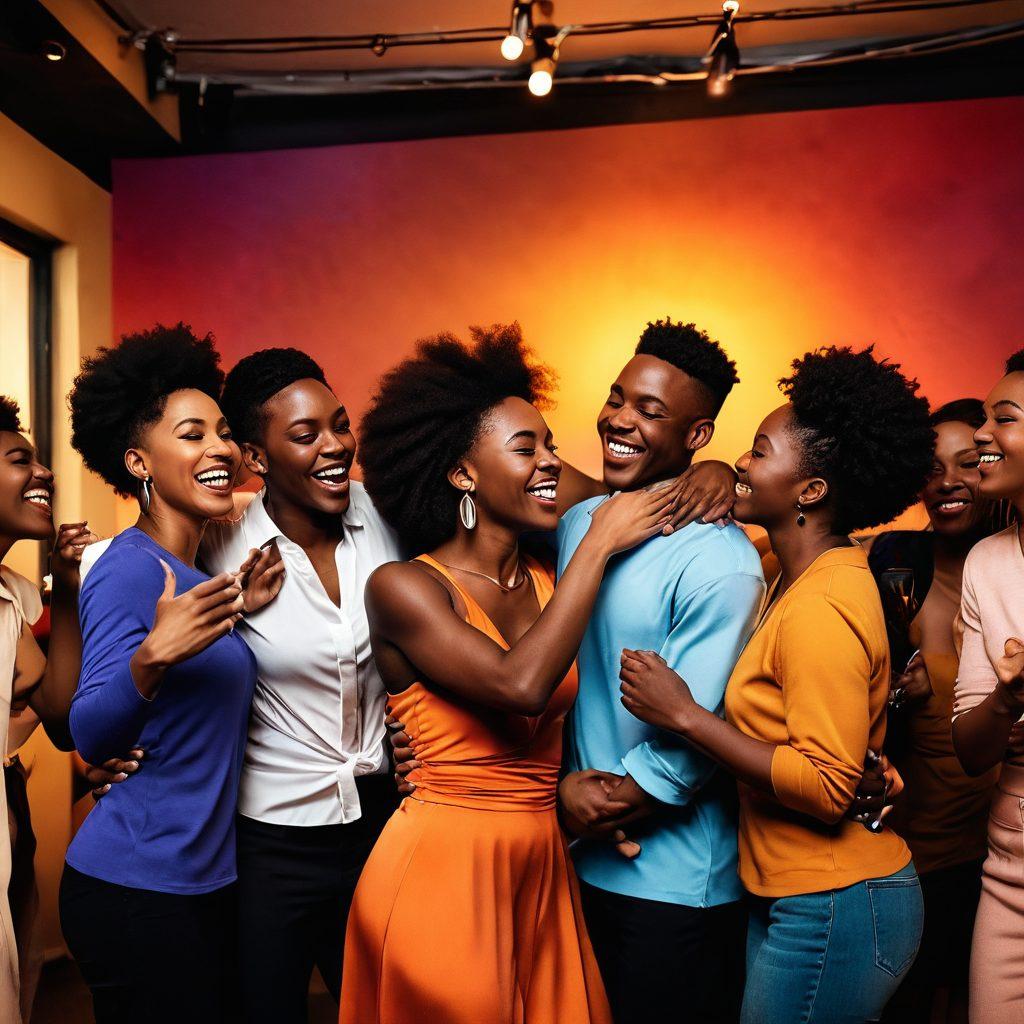 A captivating scene of a diverse group of joyful Black adults engaging in intimate, celebratory activities, surrounded by soft, warm lighting and plush, inviting textures. The atmosphere exudes authenticity with elements representing freedom and self-expression, such as art, music, and dance. Emphasize the joy and connection among individuals, highlighting their unique beauty and energy. sunset hues. super-realistic. vibrant colors.