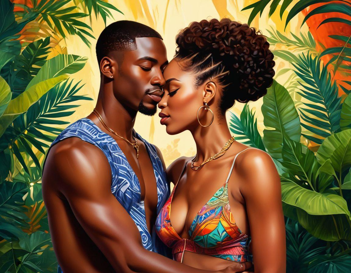 An intimate and colorful illustration capturing the essence of African American sensuality, featuring a diverse group of characters in a warm, inviting setting, surrounded by lush plants and soft lighting. The scene should evoke joy and freedom, incorporating elements of traditional African patterns and textures into the background, with a focus on expressive body language and connection. This artwork should celebrate authenticity and diversity in eroticism. vibrant colors. digital painting. intimate atmosphere.