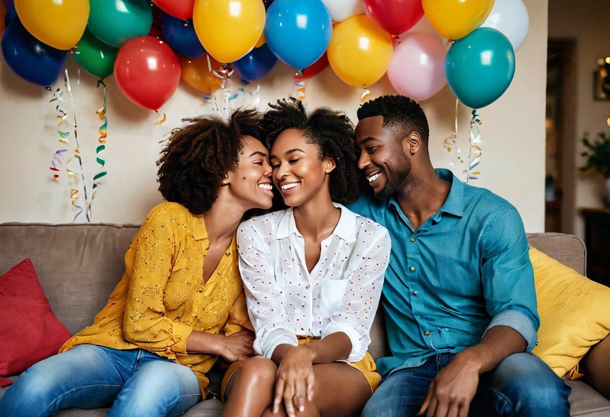 A pair of diverse couples enjoying a joyful, intimate moment, surrounded by colorful balloons and confetti. The setting is a cozy living room filled with warmth, laughter, and love, depicting a celebration of connection and happiness. Include soft, natural lighting that highlights the expressions of joy and intimacy on their faces. Emphasize realistic skin tones and features for authenticity. super-realistic. vibrant colors. soft lighting.